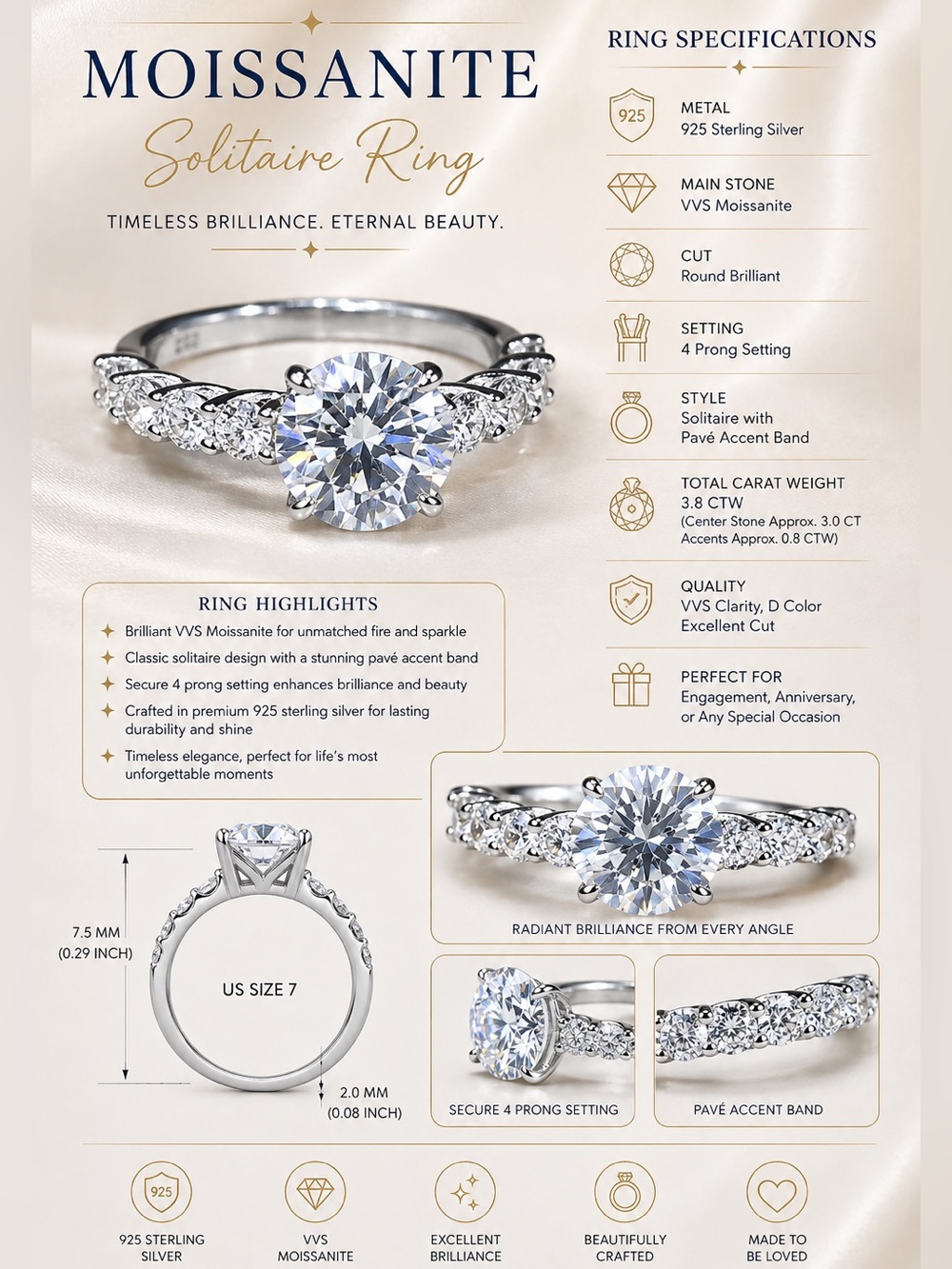 VVS Moissanite Classic Solitaire Ring - Picture 5 of 7